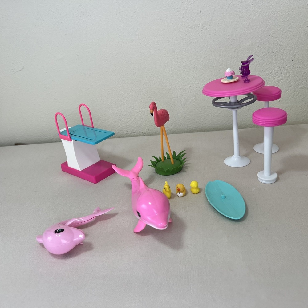 Mattel Barbie Dolphin Magic & Pool Accessory Lot Flamingo Diving Board Table